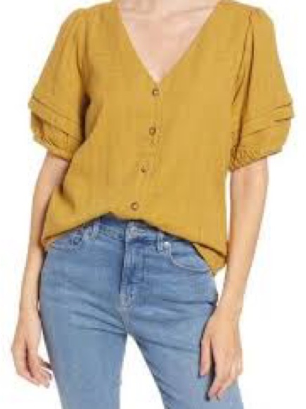 Madewell Mustard V-Neck Button Front Puff Sleeve Blouse